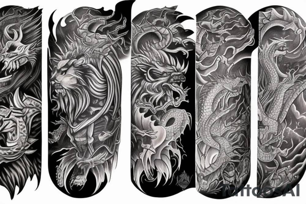sleeve tattoo
10,000 days
lions and dragons head
Divinely Illuminated
full colour tattoo idea