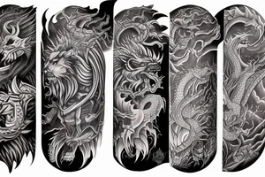 sleeve tattoo
10,000 days
lions and dragons head
Divinely Illuminated
full colour tattoo idea
