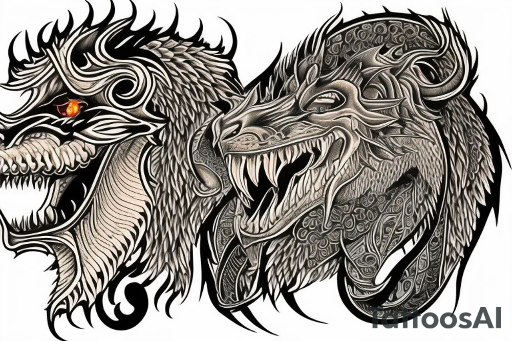 sleeve tattoo
10,000 days
lions and dragons head
Divinely Illuminated
full colour tattoo idea