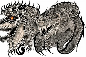 sleeve tattoo
10,000 days
lions and dragons head
Divinely Illuminated
full colour tattoo idea