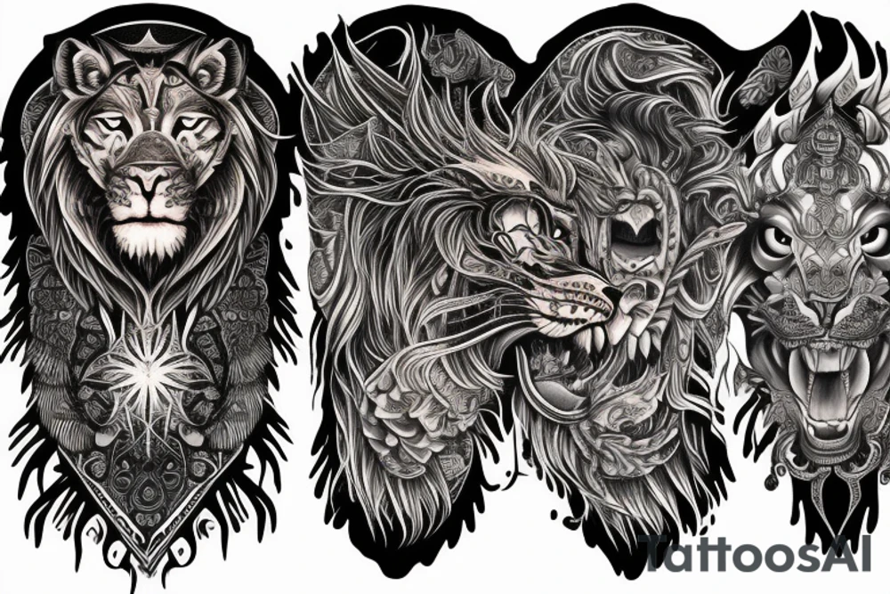 sleeve tattoo
10,000 days
lions and dragons head
lions hair
Divinely Illuminated
full colour tattoo idea