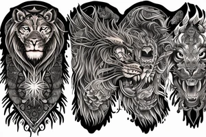 sleeve tattoo
10,000 days
lions and dragons head
lions hair
Divinely Illuminated
full colour tattoo idea