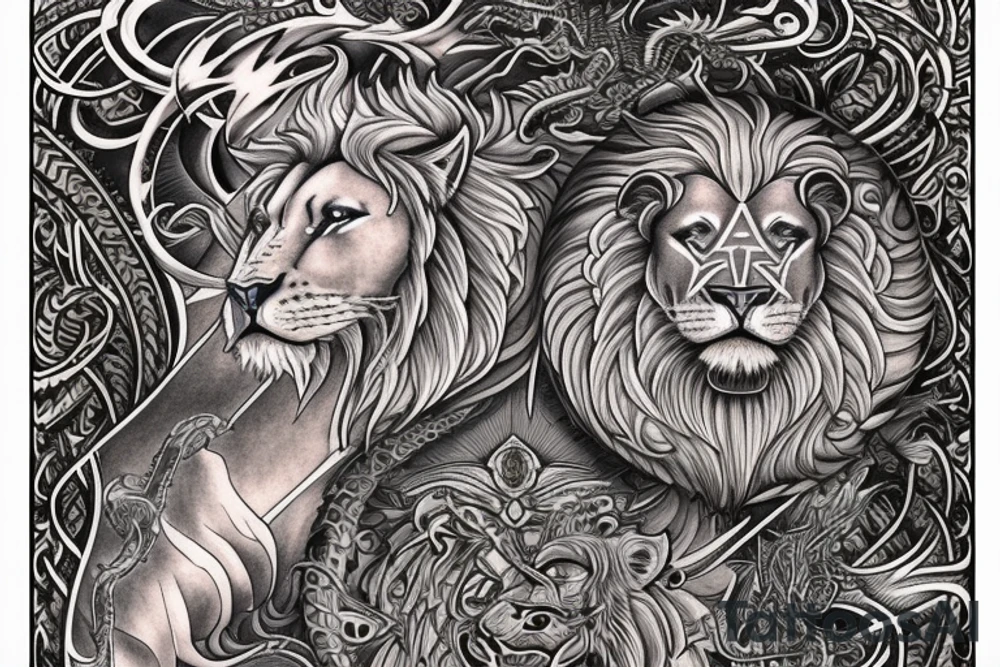 sleeve tattoo
10,000 days
lions and dragons head
lions hair
Divinely Illuminated
full colour tattoo idea