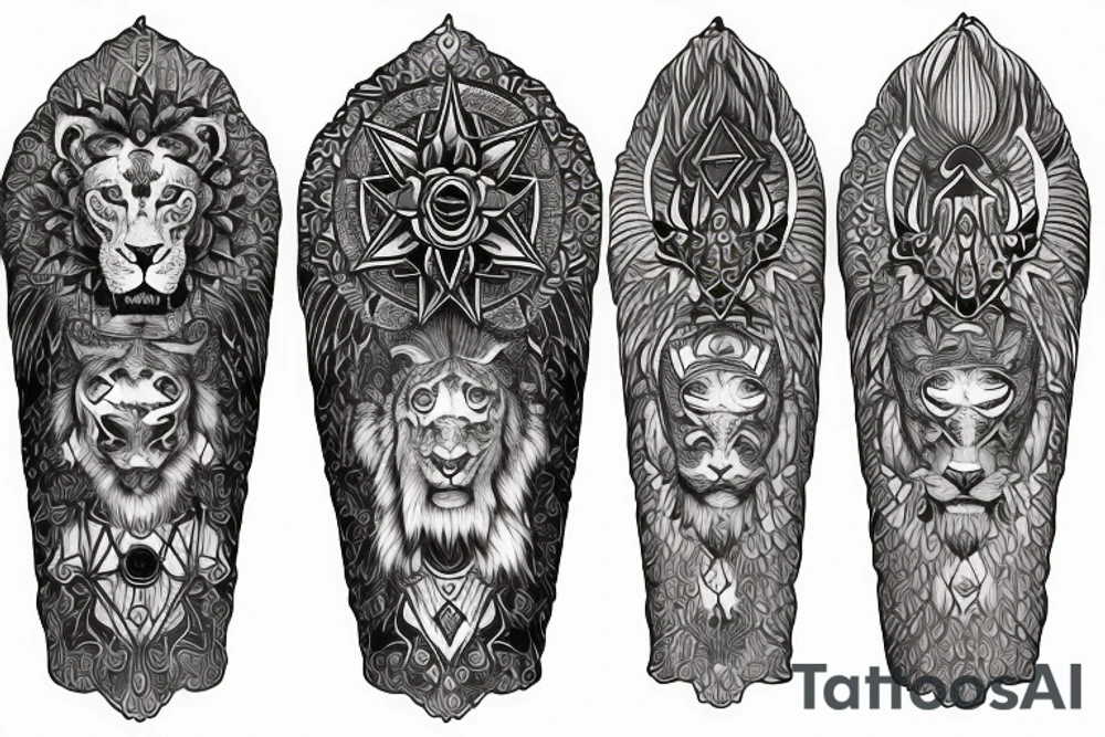 sleeve tattoo
10,000 days
lions and dragons head
lions hair
Divinely Illuminated
full colour tattoo idea