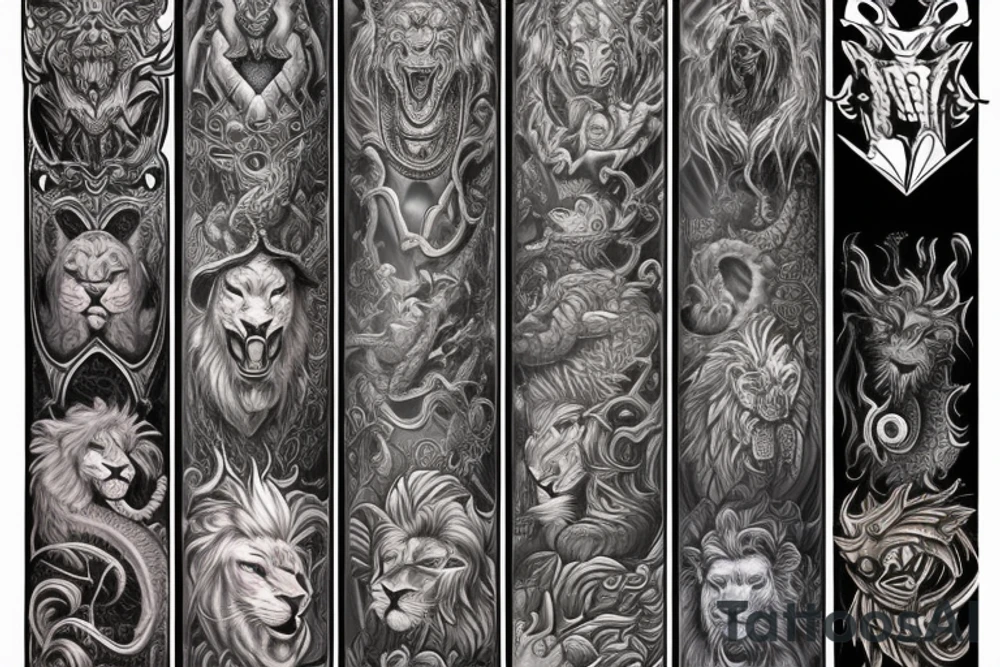 sleeve tattoo
10,000 days
lions and dragons head
lions hair
Divinely Illuminated
full colour tattoo idea