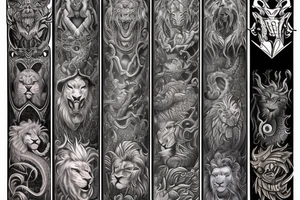sleeve tattoo
10,000 days
lions and dragons head
lions hair
Divinely Illuminated
full colour tattoo idea
