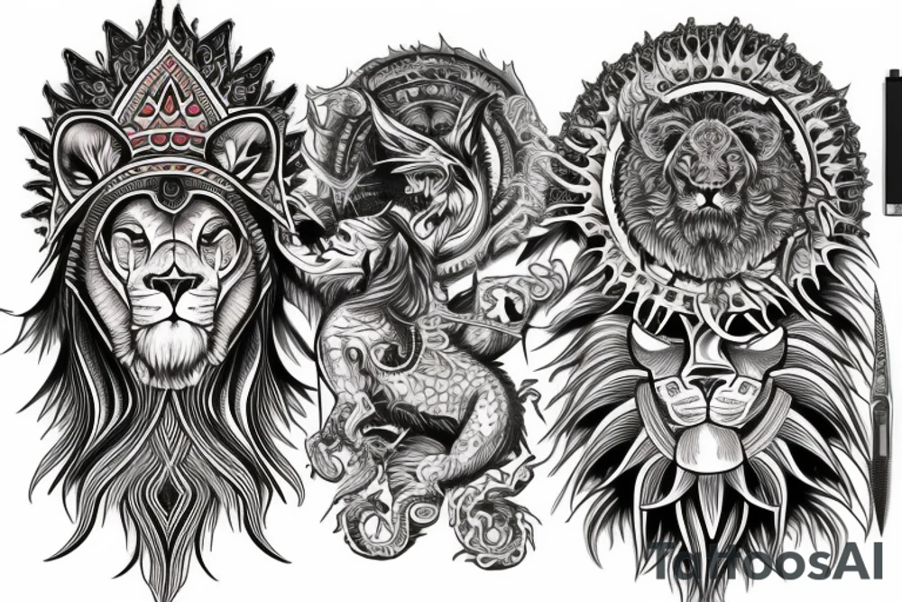 sleeve tattoo
10,000 days
lions and dragons head
lions hair
Divinely Illuminated
full colour tattoo idea