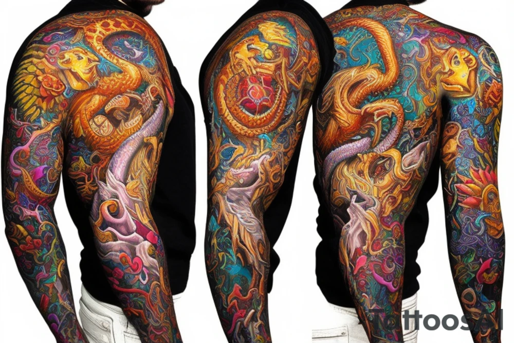 sleeve tattoo
10,000 days
lions and dragons head
lions hair
Divinely Illuminated
full colour tattoo idea