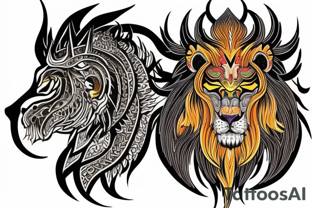 sleeve tattoo
10,000 days
lions and dragons head
lions hair
Divinely Illuminated
full colour tattoo idea