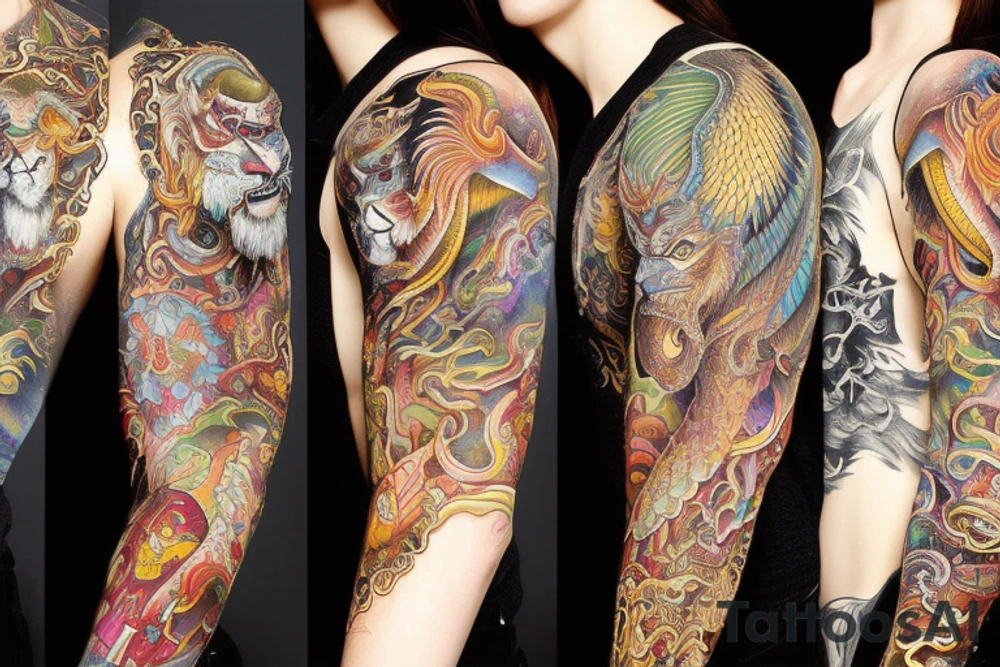 sleeve tattoo
10,000 days
lions and dragons head
lions hair
Divinely Illuminated
full colour tattoo idea