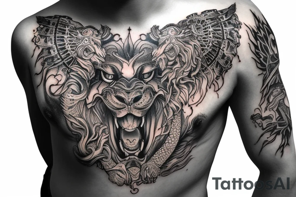 sleeve tattoo
10,000 days
lions and dragons head
lions hair
Divinely Illuminated
full colour tattoo idea