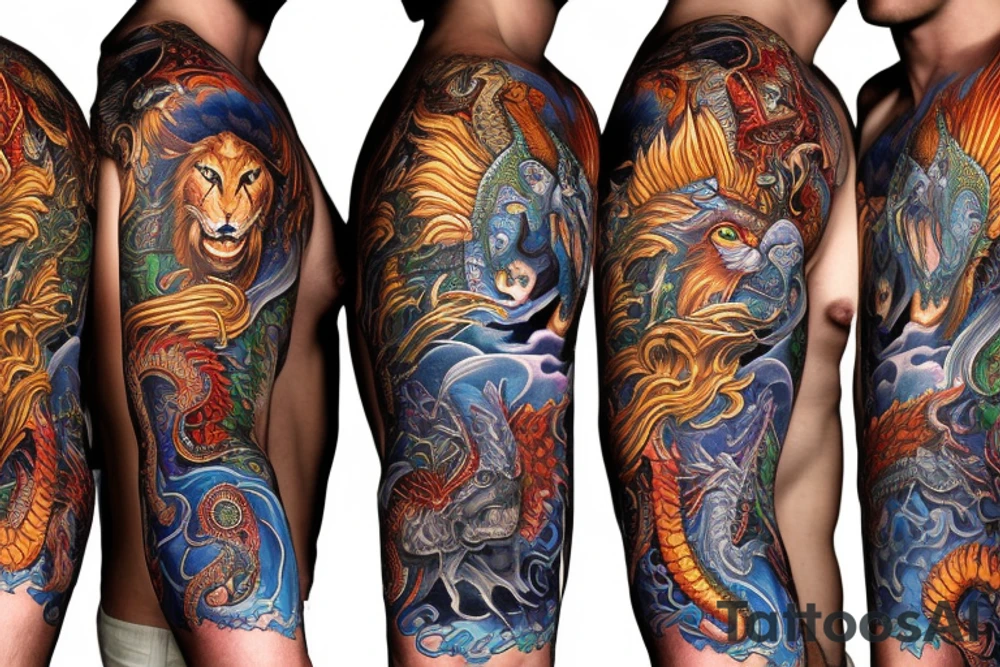 sleeve tattoo
10,000 days
lions and dragons head
lions hair
Divinely Illuminated
full colour tattoo idea