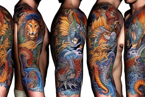 sleeve tattoo
10,000 days
lions and dragons head
lions hair
Divinely Illuminated
full colour tattoo idea