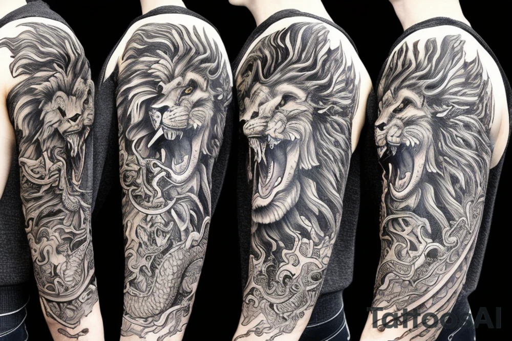 sleeve tattoo
10,000 days
lions and dragons head
lions hair
Divinely Illuminated
full colour tattoo idea