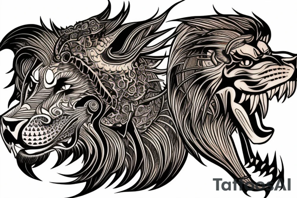 sleeve tattoo
10,000 days
lion wearing a
 dragons head
lions hair
Divinely Illuminated
full colour tattoo idea