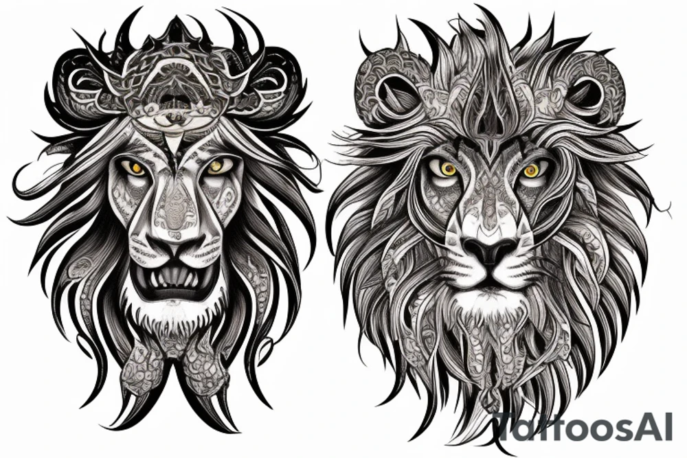 sleeve tattoo
10,000 days
lion wearing a
 dragons head
lions hair
Divinely Illuminated
full colour tattoo idea