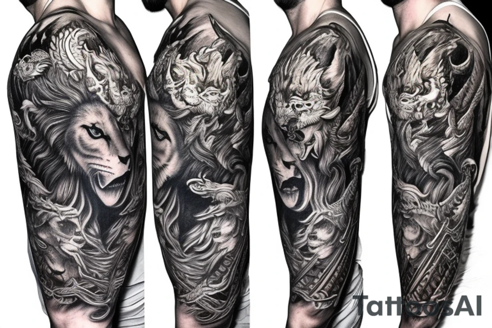 sleeve tattoo
10,000 days
lion wearing a
 dragons head
lions hair
Divinely Illuminated
full colour tattoo idea