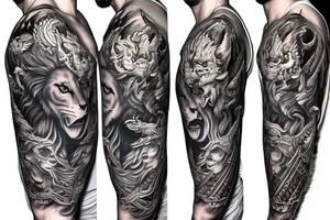 sleeve tattoo
10,000 days
lion wearing a
 dragons head
lions hair
Divinely Illuminated
full colour tattoo idea