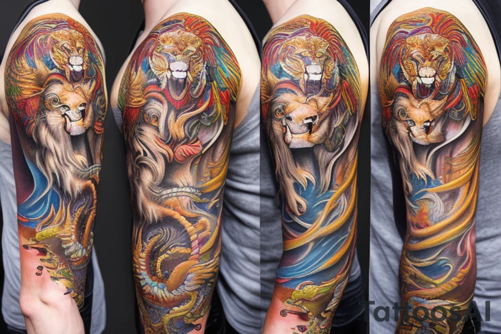 sleeve tattoo
10,000 days
lion wearing a
 dragons head
lions hair
Divinely Illuminated
full colour tattoo idea