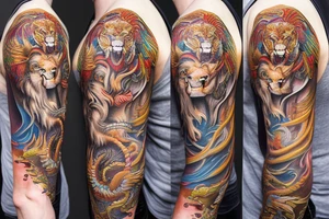 sleeve tattoo
10,000 days
lion wearing a
 dragons head
lions hair
Divinely Illuminated
full colour tattoo idea