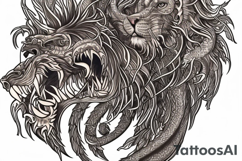 sleeve tattoo
10,000 days
lion wearing a
 dragons head
lions hair
Divinely Illuminated
full colour tattoo idea