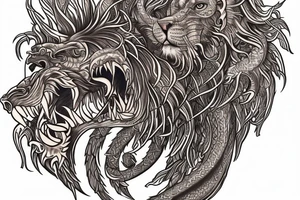 sleeve tattoo
10,000 days
lion wearing a
 dragons head
lions hair
Divinely Illuminated
full colour tattoo idea