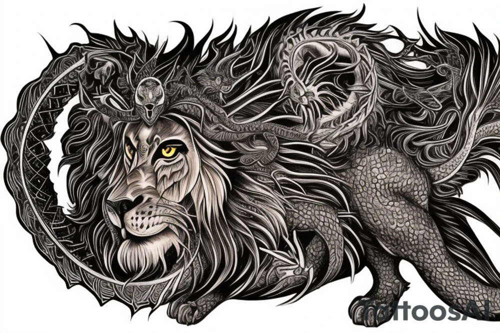 sleeve tattoo
10,000 days
lion wearing a
 dragons head
lions hair
Divinely Illuminated
full colour tattoo idea