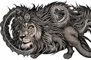 sleeve tattoo
10,000 days
lion wearing a
 dragons head
lions hair
Divinely Illuminated
full colour tattoo idea