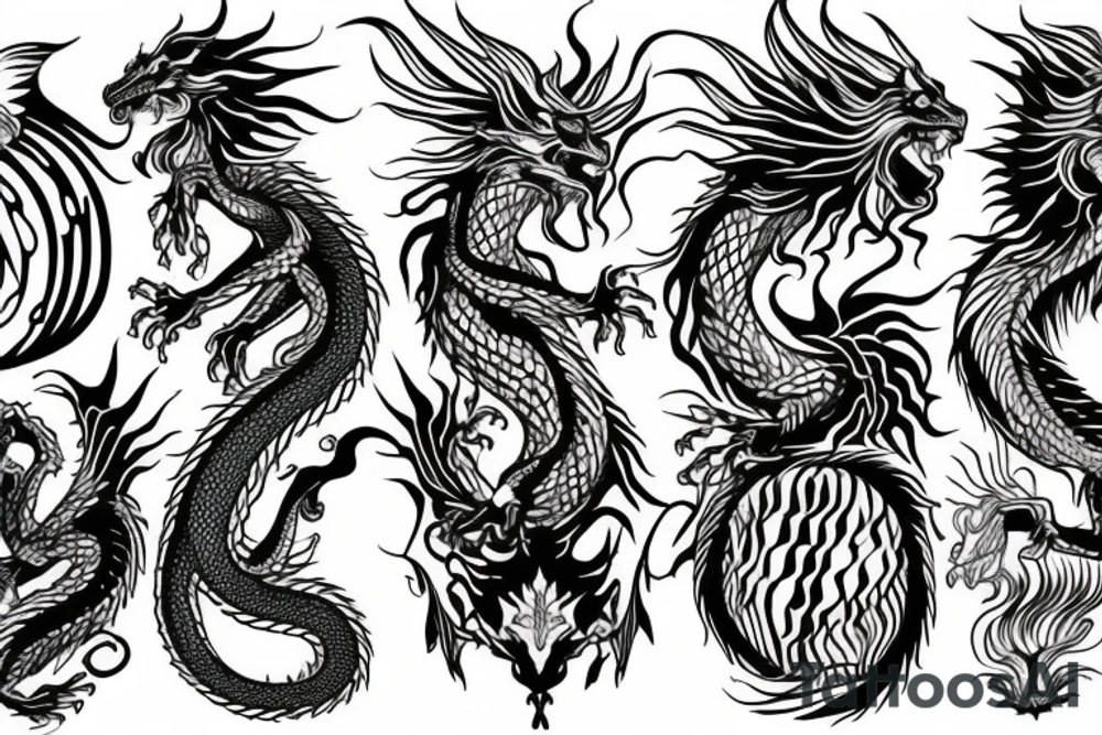 vertically stacked dragon and lion
abstract negative space
divinely illuminated tattoo idea
