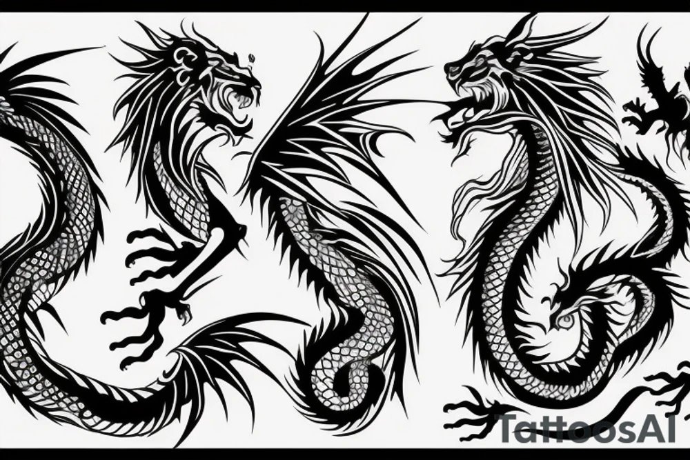 vertically stacked dragon and lion
abstract negative space
divinely illuminated tattoo idea