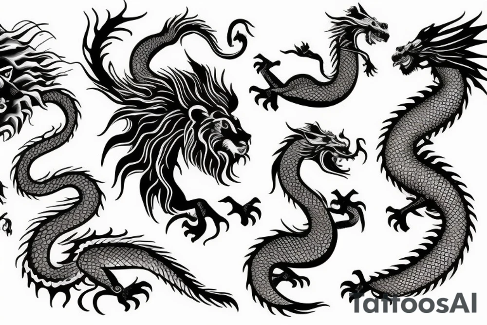 vertically stacked dragon and lion
abstract negative space
divinely illuminated tattoo idea