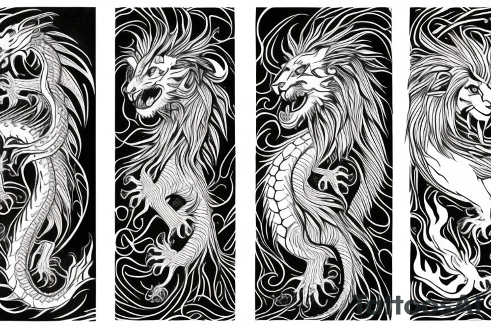 vertically stacked dragon and lion
abstract negative space
divinely illuminated tattoo idea
