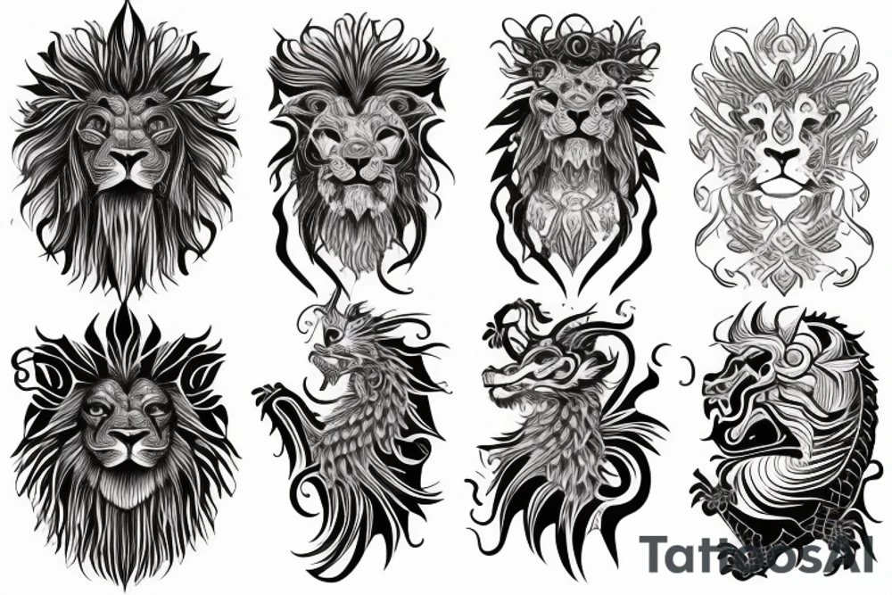 vertically stacked dragon and lion
abstract negative space
divinely illuminated tattoo idea