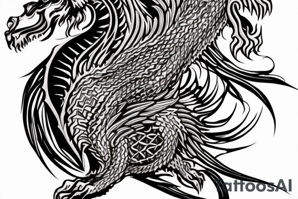 vertically stacked dragon and lion
lions mane
dragon teeth
abstract negative space
divinely illuminated tattoo idea