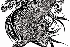 vertically stacked dragon and lion
lions mane
dragon teeth
abstract negative space
divinely illuminated tattoo idea