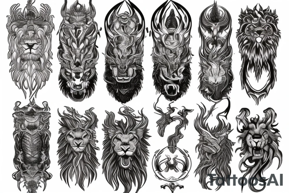 vertically stacked dragon and lion
lions mane
dragon teeth
abstract negative space
divinely illuminated tattoo idea