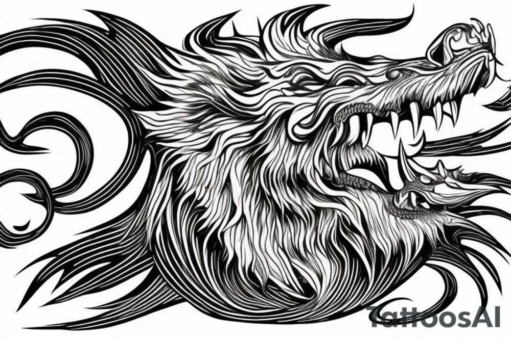 vertically stacked dragon and lion
lions mane
dragon teeth
abstract negative space
divinely illuminated tattoo idea