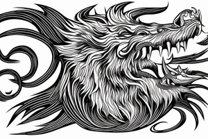 vertically stacked dragon and lion
lions mane
dragon teeth
abstract negative space
divinely illuminated tattoo idea