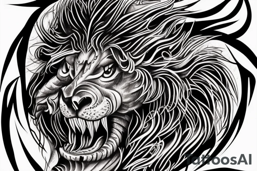 vertically stacked dragon and lion
lions mane
dragon teeth
abstract negative space
divinely illuminated tattoo idea