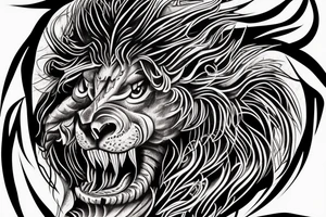 vertically stacked dragon and lion
lions mane
dragon teeth
abstract negative space
divinely illuminated tattoo idea