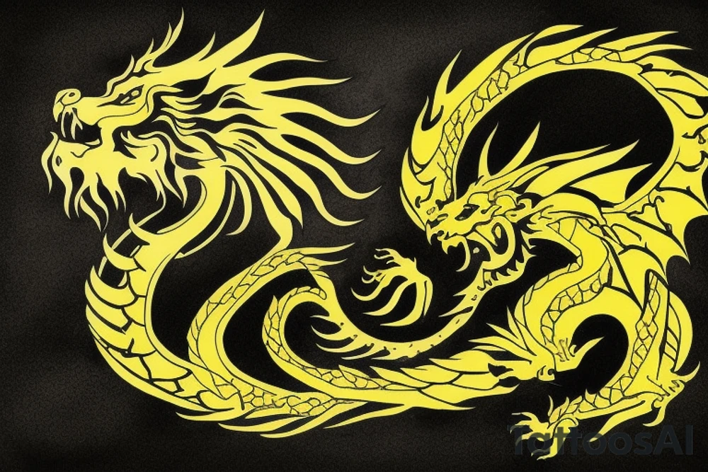 vertically stacked dragon and lion
lions mane
dragon teeth
abstract negative space
divinely illuminated
black, yellow tattoo idea