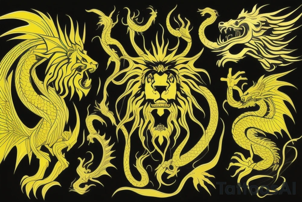 vertically stacked dragon and lion
lions mane
dragon teeth
abstract negative space
divinely illuminated
black, yellow tattoo idea