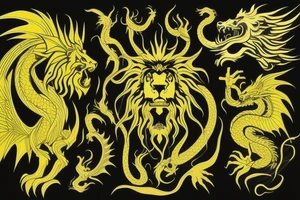 vertically stacked dragon and lion
lions mane
dragon teeth
abstract negative space
divinely illuminated
black, yellow tattoo idea