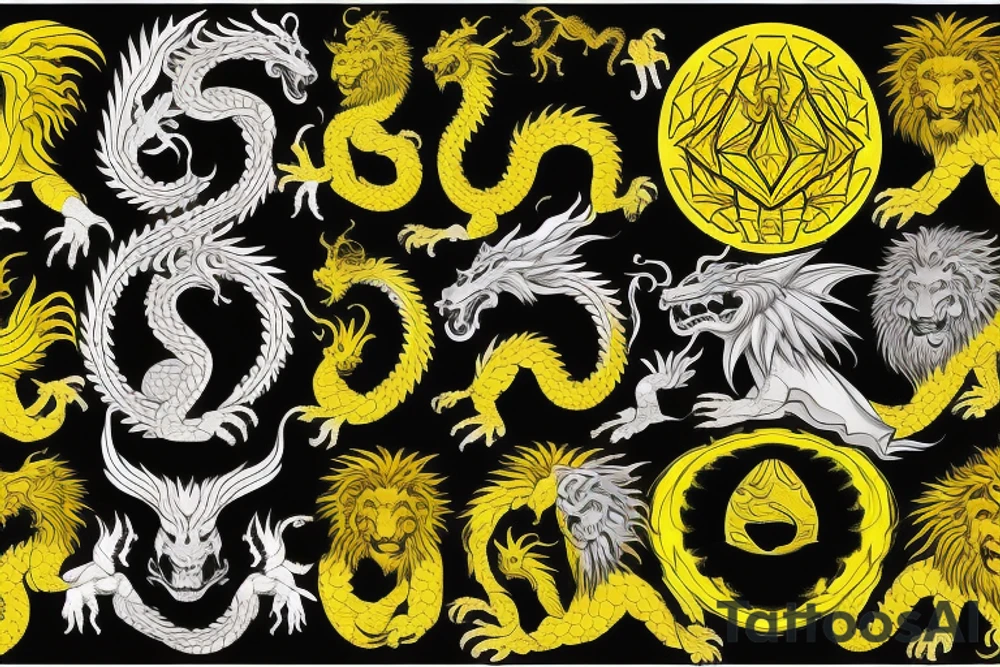 vertically stacked dragon and lion
lions mane
dragon teeth
abstract negative space
divinely illuminated
black, yellow tattoo idea