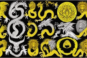 vertically stacked dragon and lion
lions mane
dragon teeth
abstract negative space
divinely illuminated
black, yellow tattoo idea