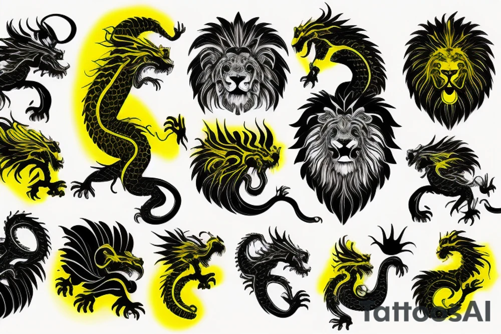 vertically stacked dragon and lion
lions mane
dragon teeth
abstract negative space
divinely illuminated
black, yellow tattoo idea