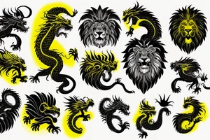 vertically stacked dragon and lion
lions mane
dragon teeth
abstract negative space
divinely illuminated
black, yellow tattoo idea
