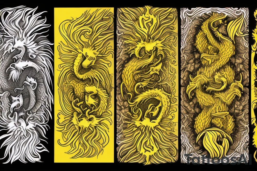 vertically stacked dragon and lion
lions mane
dragon teeth
abstract negative space
divinely illuminated
yellow highlights tattoo idea