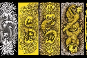 vertically stacked dragon and lion
lions mane
dragon teeth
abstract negative space
divinely illuminated
yellow highlights tattoo idea