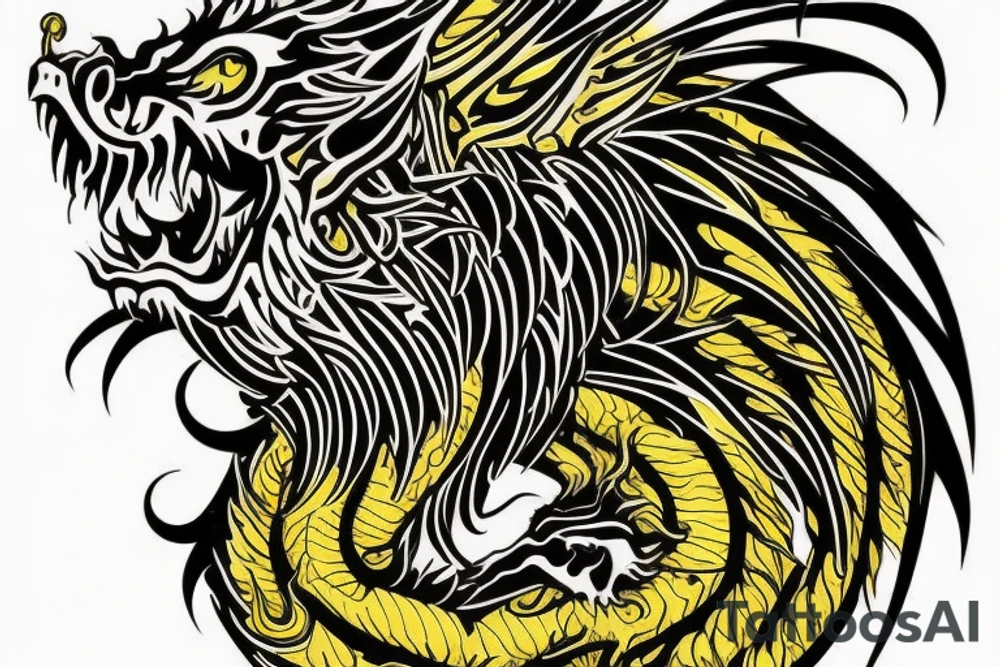 vertically stacked dragon and lion
lions mane
dragon teeth
abstract negative space
divinely illuminated
yellow highlights tattoo idea
